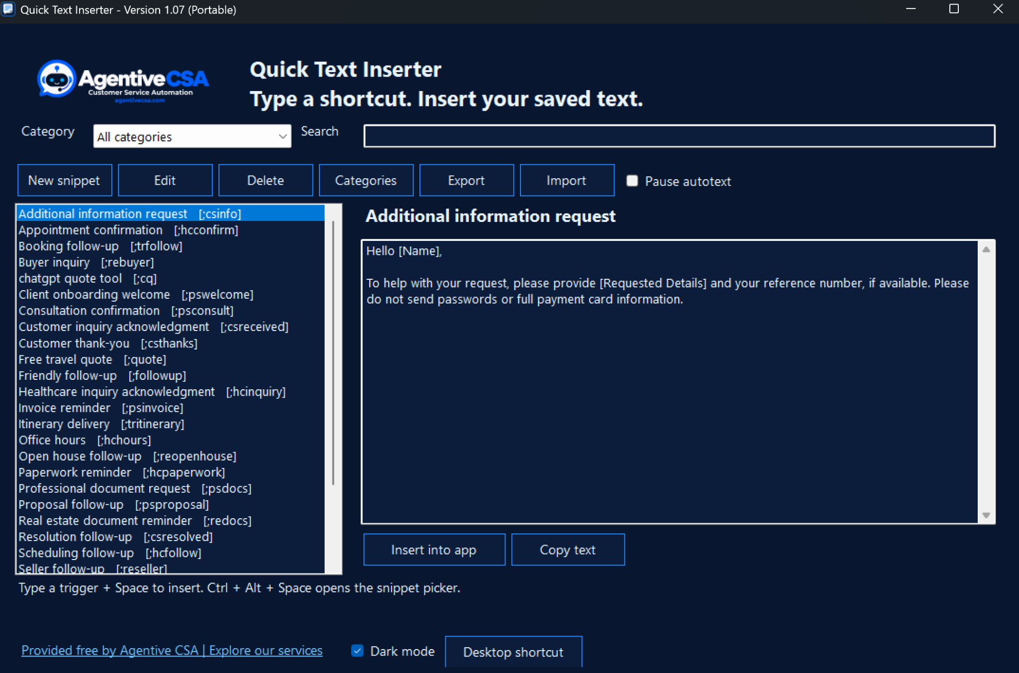 Quick Text Inserter in dark mode showing categories, search, saved autotext triggers, a snippet preview, and import and export controls
